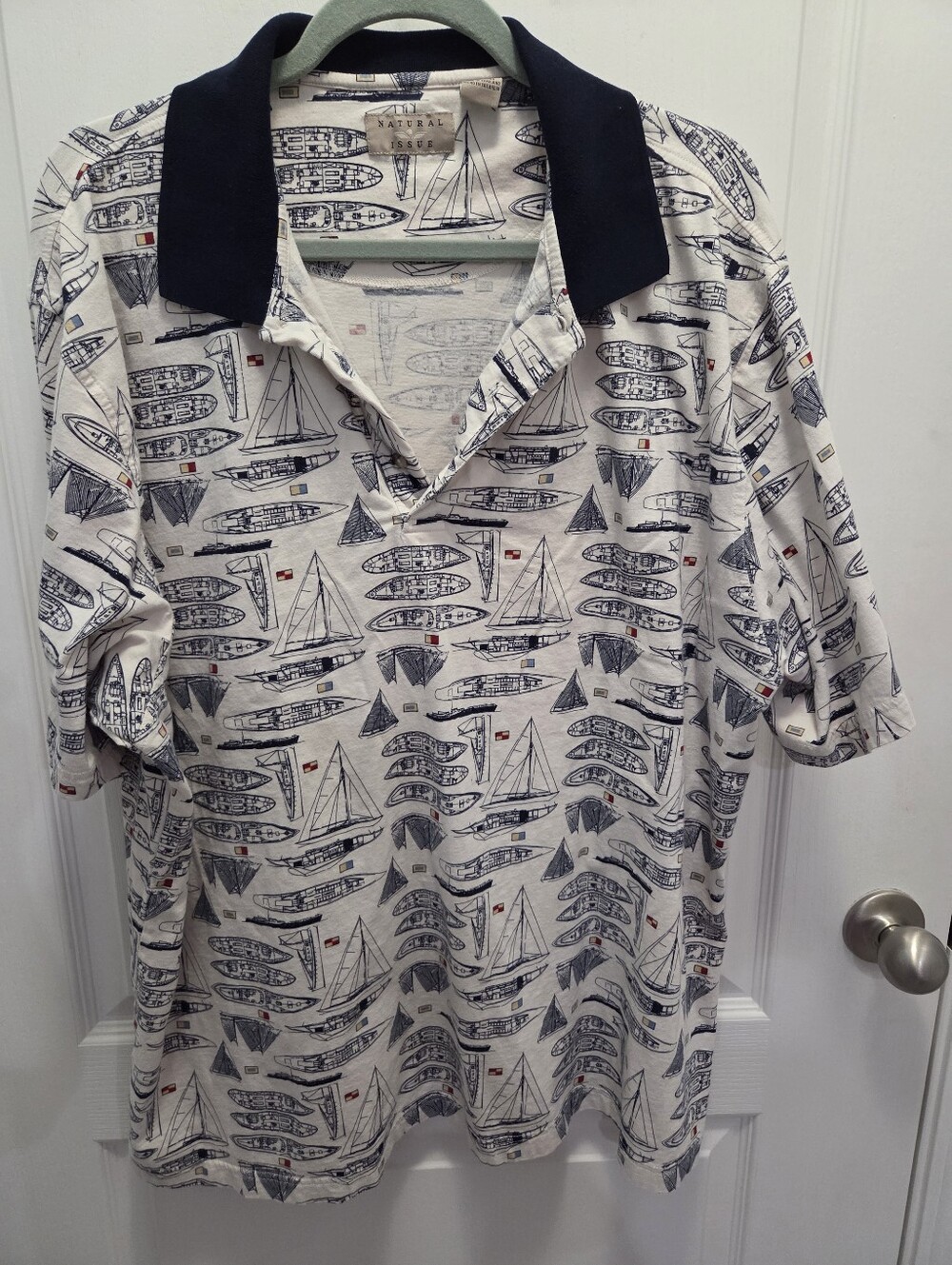 Nautical Print Polo Shirt - Cream with Navy Collar Short Sleeves Sz XL
